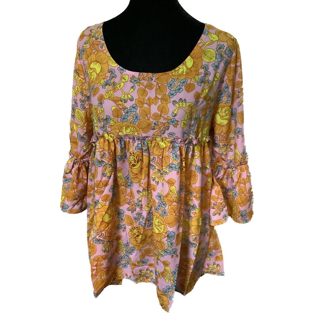 Zouk Women's Floral Tunic Shirt Medium Hi Low Ruffles Pink Orange Blue Festival